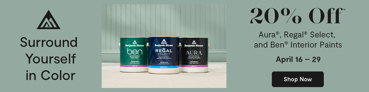 20% off sale banner for Aura, Regal Select, and Ben Interior paints